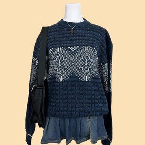 vintage 80s blue geometric cozy nordic indie grandpa acrylic knit sweater